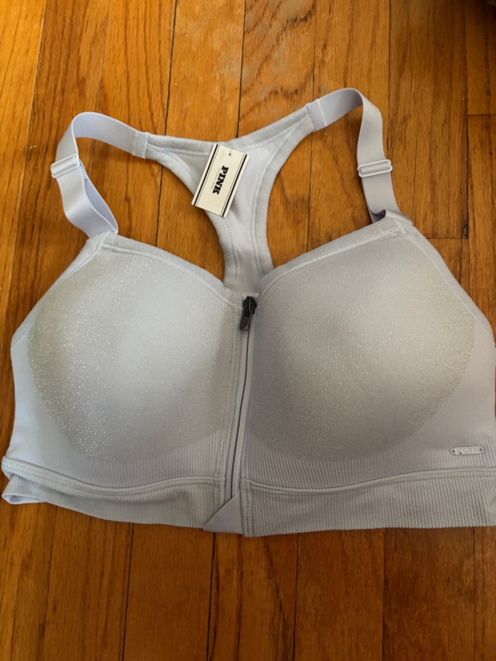 PINK Victoria's Secret Front-Zip Light Silver Racerback Sports Bra